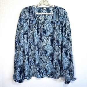 Joie Peasant Blouse Women's XXL Blue Paisley Print Long Sleeve Boho Casual Top